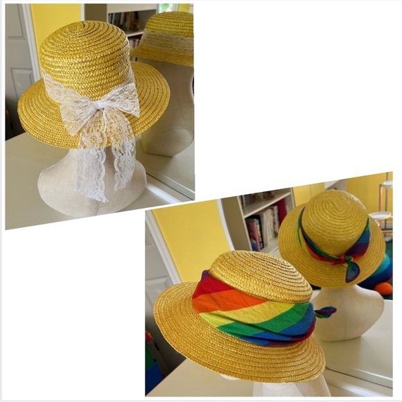 Accessories - 1980s Yellow Straw Hat, Round Crown, Incl. White Lace Ribbon & Rainbow Bandana